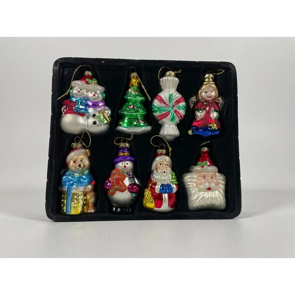 Set of 8 Mikasa Vintage Glass Christmas Ornaments - Santa, Snowmen, Angel & More